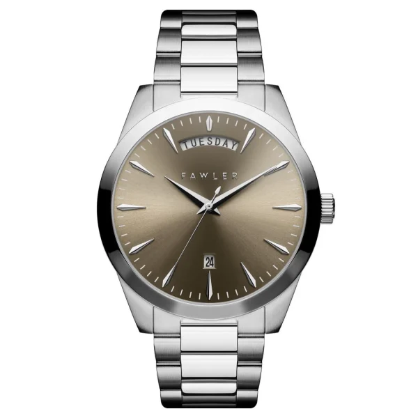 Fawler Eric | Montre En Acier Inoxydable Brun Et Argent Avec Affichage Du Jour Et De La Date outlet soldes 1