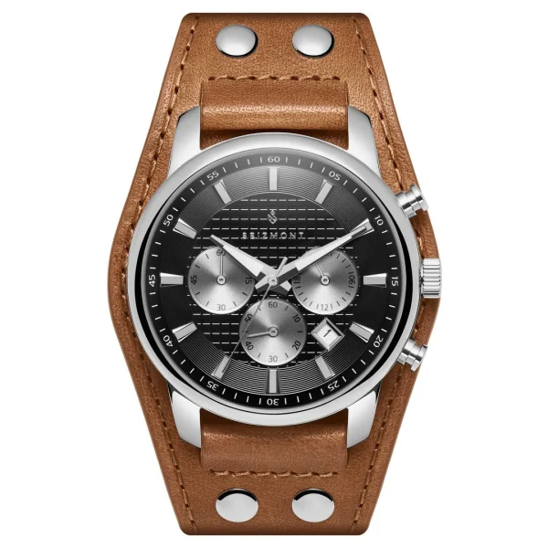 pas cher en vente Seizmont Iphios | Montre Chronographe Noire Et Brune En Acier Inoxydable Avec Bracelet Manchette En Cuir 1