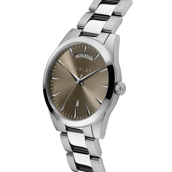 Fawler Eric | Montre En Acier Inoxydable Brun Et Argent Avec Affichage Du Jour Et De La Date outlet soldes 6