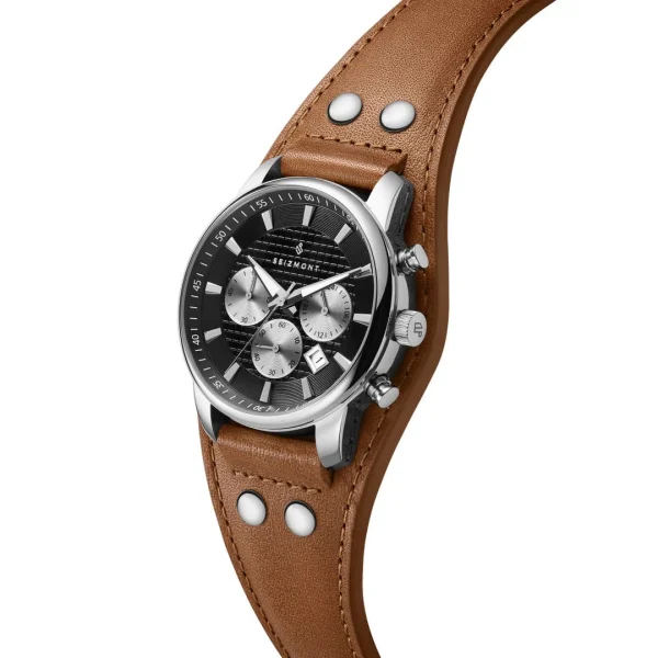 pas cher en vente Seizmont Iphios | Montre Chronographe Noire Et Brune En Acier Inoxydable Avec Bracelet Manchette En Cuir 4