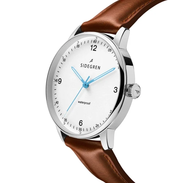 à prix imbattables Sidegren Olivier | Montre En Acier Inoxydable Argenté Avec Bracelet Marron & Aiguilles Bleues 3