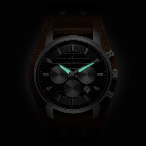 pas cher en vente Seizmont Iphios | Montre Chronographe Noire Et Brune En Acier Inoxydable Avec Bracelet Manchette En Cuir 3