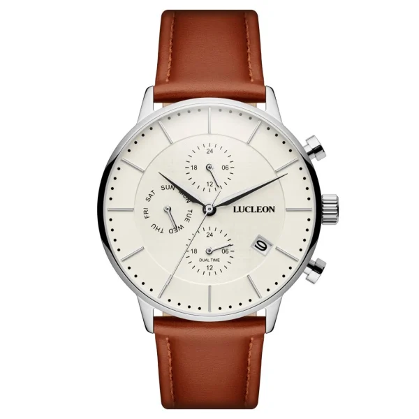 Lucleon Ternion | Montre à Double Fuseau Horaire En Acier Inoxydable Argent Et Crème acheter en ligne 1