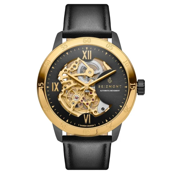 grossiste en ligne Seizmont Dante II | Montre Squelette En Acier Inoxydable Doré Avec Bracelet En Cuir Noir 1