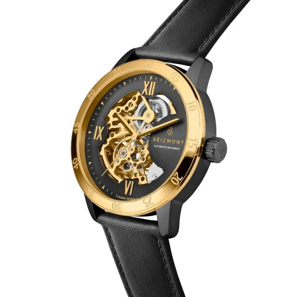grossiste en ligne Seizmont Dante II | Montre Squelette En Acier Inoxydable Doré Avec Bracelet En Cuir Noir 3