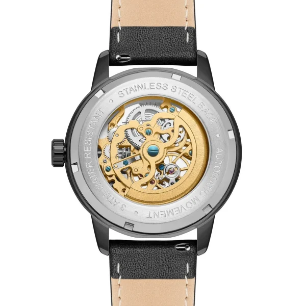 grossiste en ligne Seizmont Dante II | Montre Squelette En Acier Inoxydable Doré Avec Bracelet En Cuir Noir 4