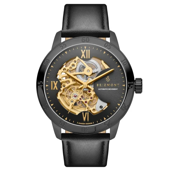 achat Seizmont Dante II | Montre Squelette En Acier Inoxydable Couleur Noir Et Or Avec Bracelet En Cuir 1