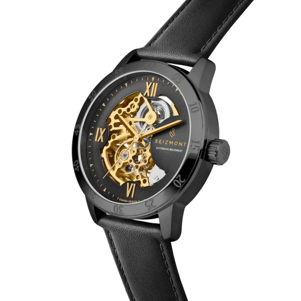 achat Seizmont Dante II | Montre Squelette En Acier Inoxydable Couleur Noir Et Or Avec Bracelet En Cuir 3