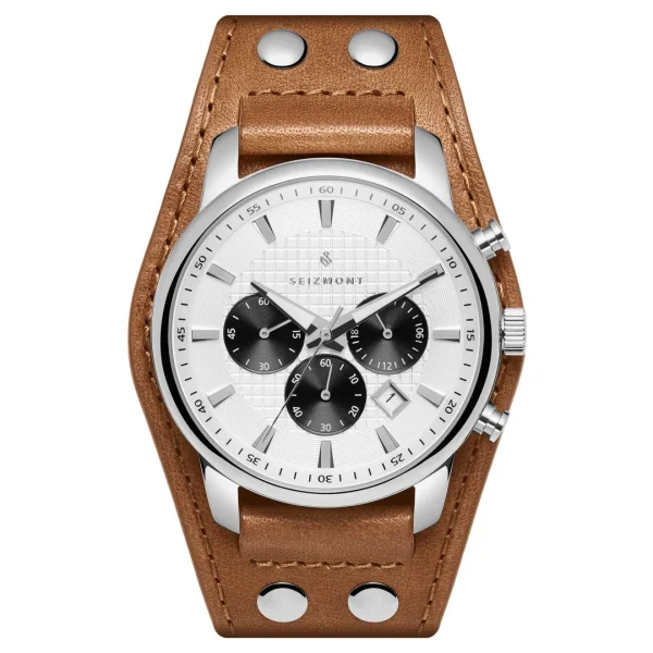 design à la mode Seizmont Iphios | Montre Chronographe Blanche Et Brune En Acier Inoxydable Avec Bracelet Manchette En Cuir 1