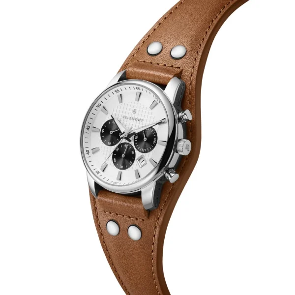 design à la mode Seizmont Iphios | Montre Chronographe Blanche Et Brune En Acier Inoxydable Avec Bracelet Manchette En Cuir 4