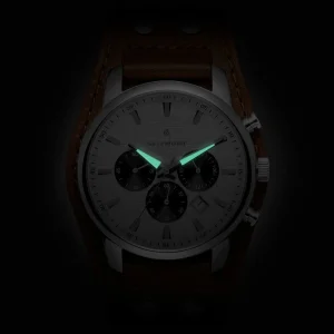 design à la mode Seizmont Iphios | Montre Chronographe Blanche Et Brune En Acier Inoxydable Avec Bracelet Manchette En Cuir 9