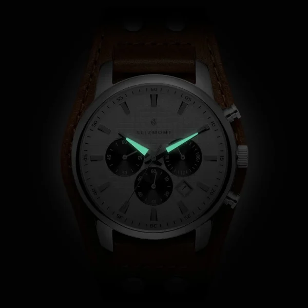 design à la mode Seizmont Iphios | Montre Chronographe Blanche Et Brune En Acier Inoxydable Avec Bracelet Manchette En Cuir 3