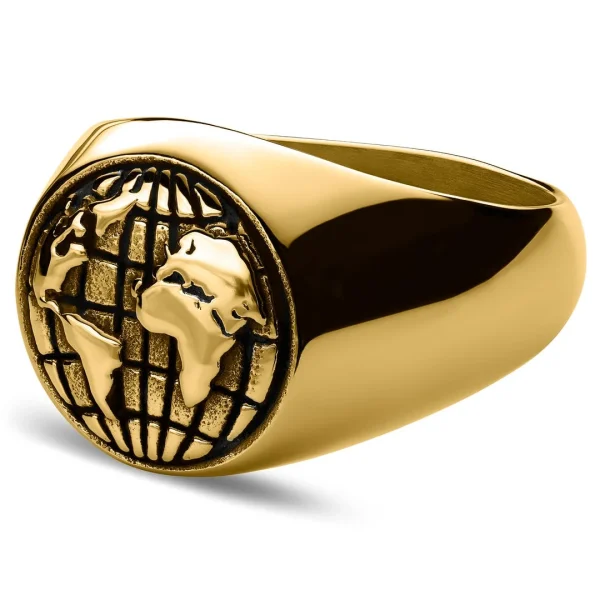 l'unique style Arkai Atlas | Chevalière Mappemonde En Acier Doré 1