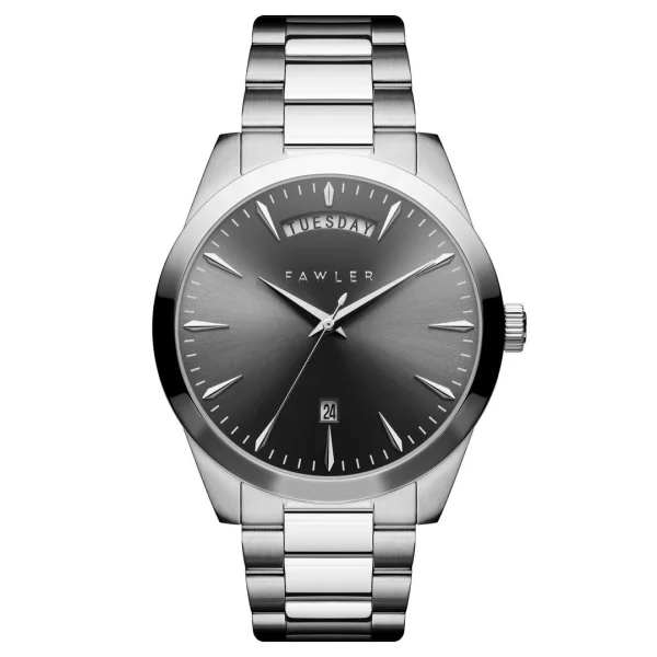 mode Fawler Eric | Montre En Acier Inoxydable Gris Et Argent Avec Affichage Du Jour Et De La Date 1