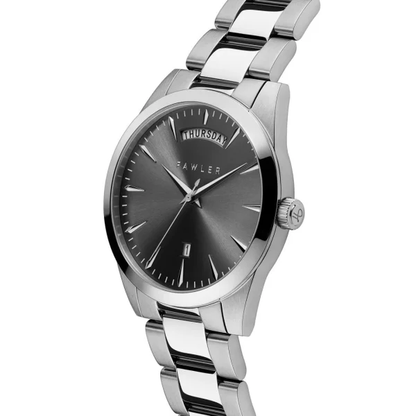 mode Fawler Eric | Montre En Acier Inoxydable Gris Et Argent Avec Affichage Du Jour Et De La Date 6