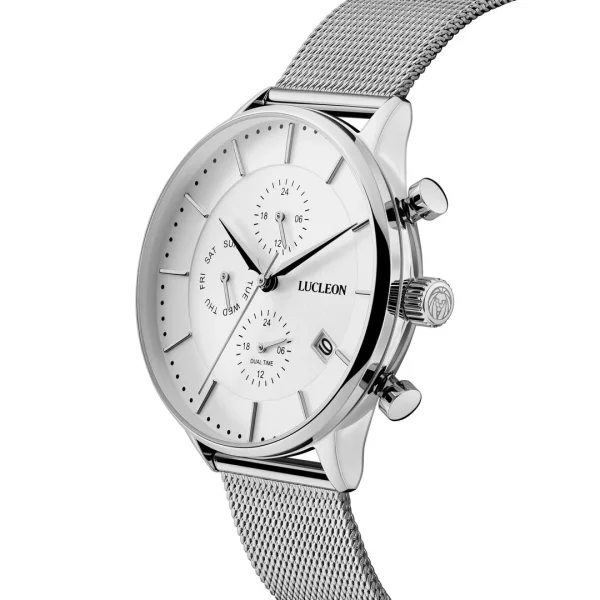 magasin en ligne france Lucleon Ternion | Montre à Double Fuseau Horaire En Acier Inoxydable Blanc Et Argenté 3