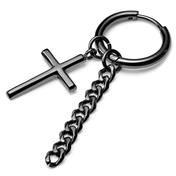 Top ventes Lucleon Boucle D’oreille En Acier Noir Avec Pendentifs Croix Et Chaîne 1