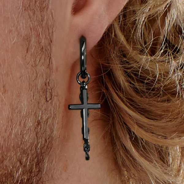 Top ventes Lucleon Boucle D’oreille En Acier Noir Avec Pendentifs Croix Et Chaîne 7