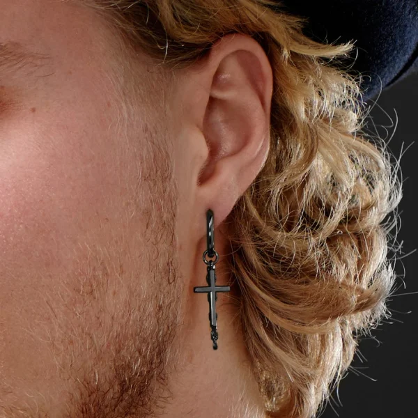 Top ventes Lucleon Boucle D’oreille En Acier Noir Avec Pendentifs Croix Et Chaîne 4