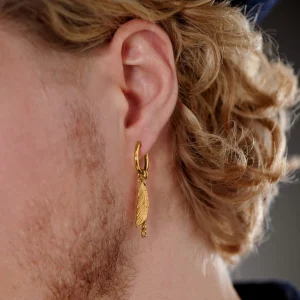 online boutique Lucleon Boucle D’oreille En Acier Doré Avec Pendentifs Plumes Et Chaîne 12