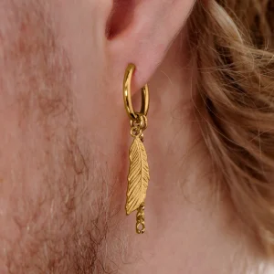 online boutique Lucleon Boucle D’oreille En Acier Doré Avec Pendentifs Plumes Et Chaîne 16
