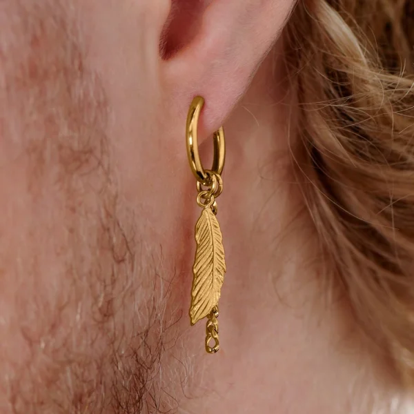 online boutique Lucleon Boucle D’oreille En Acier Doré Avec Pendentifs Plumes Et Chaîne 6