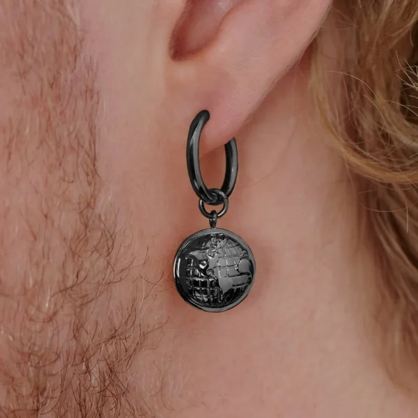 Lucleon Boucle D’oreille En Acier Noir Avec Pendentif Globe Terrestre prix abordable 5