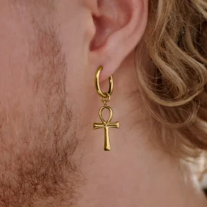 offre spéciale Lucleon Boucle D’oreille En Acier Doré Avec Pendentif Ankh 13
