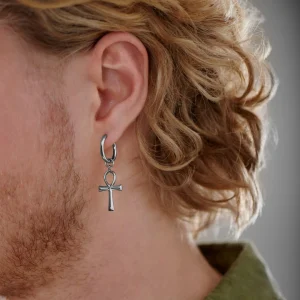 à prix d'occasion Lucleon Boucle D’oreille En Acier Argenté Avec Pendentif Ankh 10