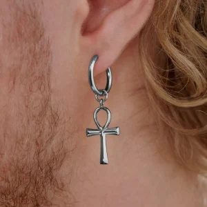 à prix d'occasion Lucleon Boucle D’oreille En Acier Argenté Avec Pendentif Ankh 16