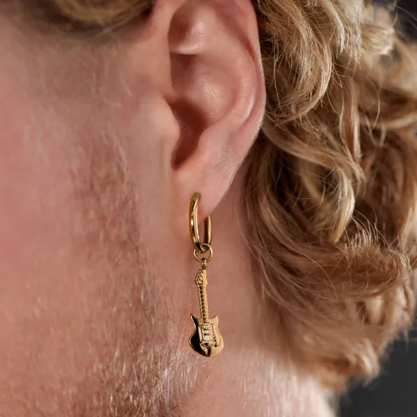 pas cher marque Lucleon Boucle D’oreille En Acier Doré Avec Pendentif Guitare 3