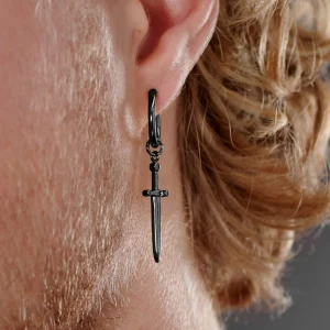 mode Lucleon Boucle D’oreille En Titane Noir Avec Pendentif épée 18