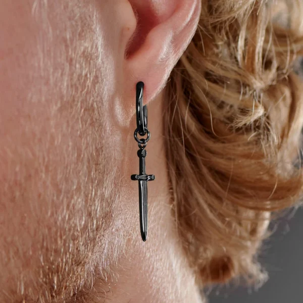 mode Lucleon Boucle D’oreille En Titane Noir Avec Pendentif épée 7