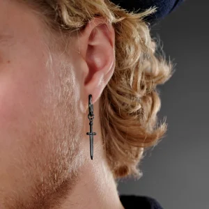 mode Lucleon Boucle D’oreille En Titane Noir Avec Pendentif épée 10