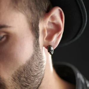 marque pas cher en ligne Moody Mason Boucle D’oreille Jax – Crâne En Acier Gris Foncé 12